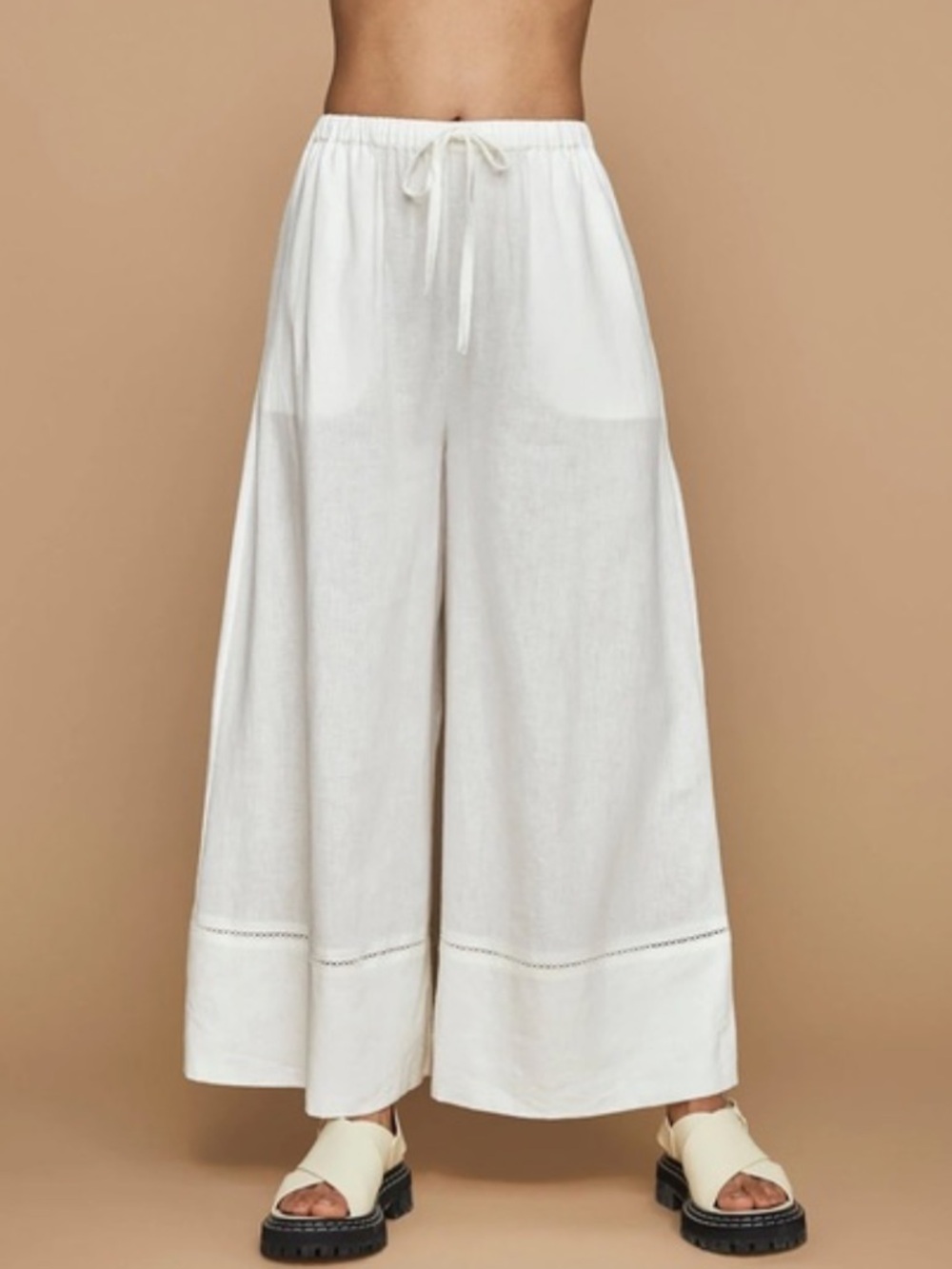 Carbon38 White linen Blend Wide Leg Pleated Drawstring Pants - Size L